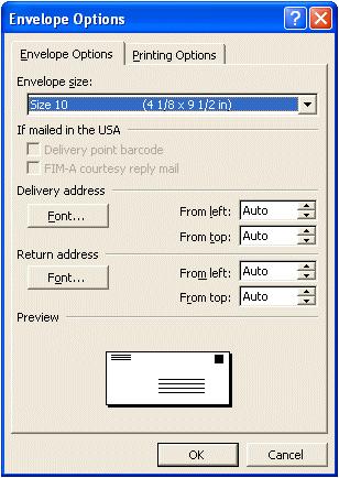 The Envelope Options menu screen (at the left) will appear.