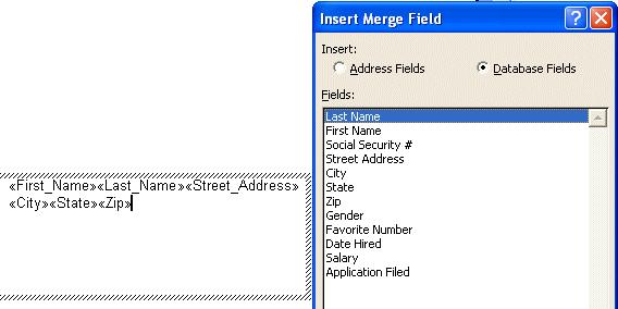 We selected our fields, as before. When we finished, we clicked the Close button at the bottom of the Insert Merge Field menu screen.