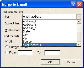 Notice that the merge intelligently selected the email-address in our Access database.