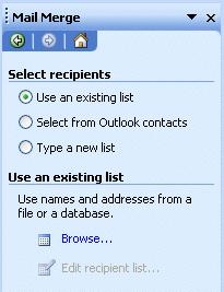 Selecting your merge file (Access, Excel, Word, Outlook) You are now in Task Pane 3. In this task pane you will select the source list for your mail merge.
