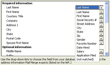 If you desire to change a match, simply choose one of the fields under Required Information or Optional Information and click the down arrow on the box to the right. We chose Last Name.
