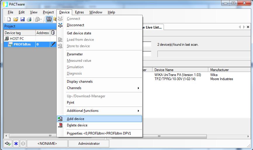 Adding a devicedtm within PACTware The following steps demonstrate how to add and configure a devicedtm.