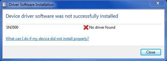 The computer will attempt to automatically find and install a USB driver however it will respond an error message as shown below. (SN3500 example used for illustration.