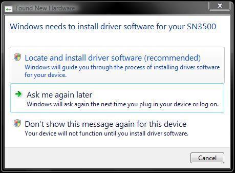 Windows Vista USB Driver Installation 1. With power removed from the Sandel unit, connect the unit to the PC via the USB cable. 2. Power up the Sandel unit in maintenance mode.