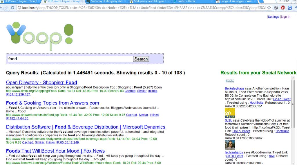 Figure 28: Final user interface for the Social search results The final prototype of the user interface was had a side bar that had the results from the social network of the user.