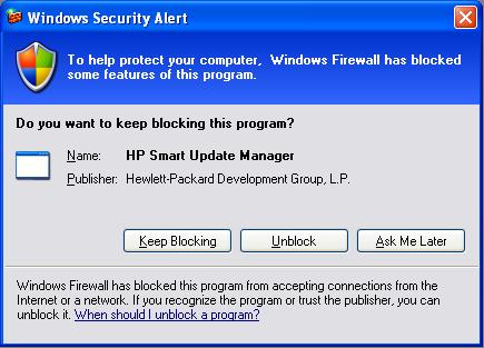Recovering from a blocked program on Microsoft Windows Configuring Windows firewall settings The Windows Security Alert popup appears when a program is blocked from accepting connections from the