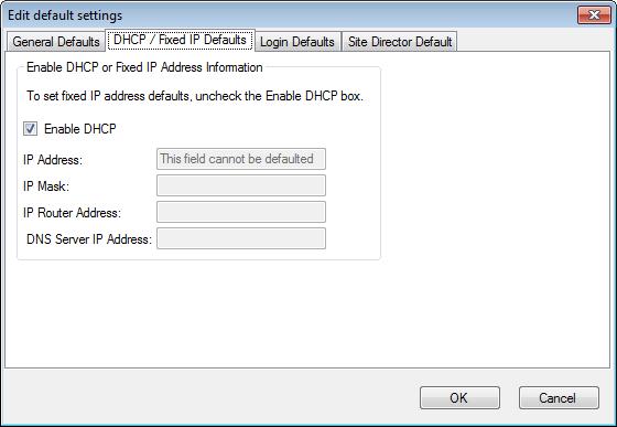 DHCP/Fixed IP Defaults Tab The DHCP/Fixed IP Defaults tab allows you to enable DHCP or specify fixed IP address information for NAE targets.