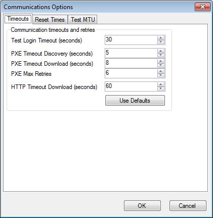 Timeouts Tab The Timeouts tab allows you to specify various wait times that the tool uses for PXE and HTTP updates.
