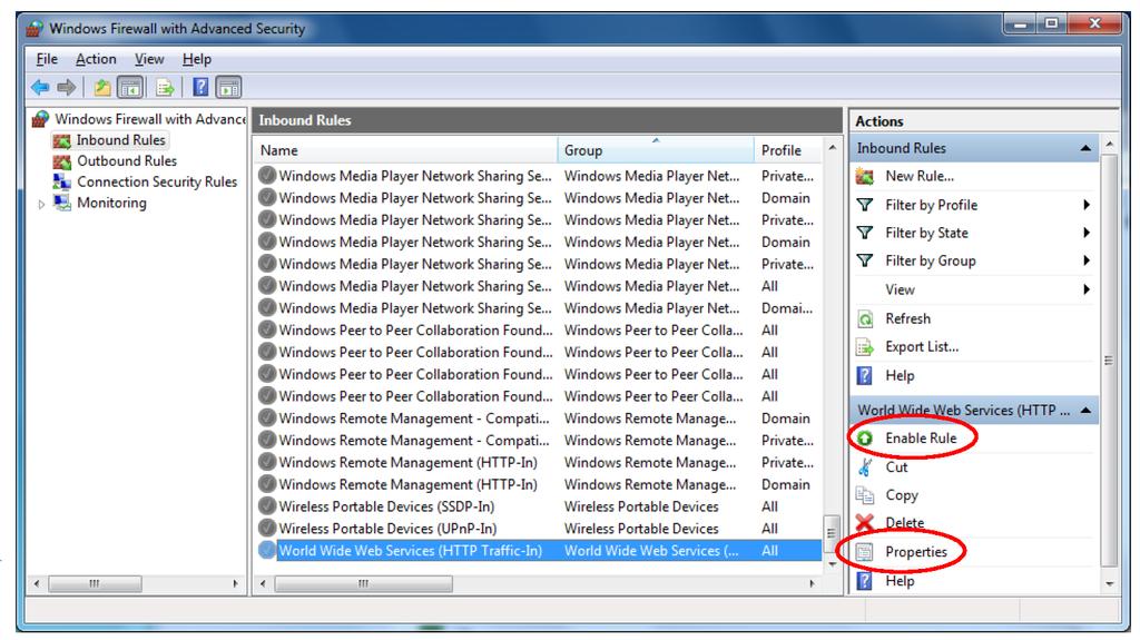 Figure 21: Windows Firewall Inbound Rules 5. In the Inbound Rules pane, click World Wide Web Services (HTTP Traffic-In). 6. In the Actions pane, click Enable Rule.