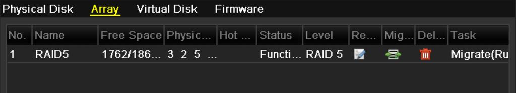 You can enter the Array Settings interface (Menu>HDD>RAID>Array) and Virtual Disk interface (Menu>HDD>RAID>Virtual) to check the process of the migration. Figure 10.