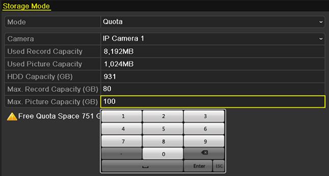 Select a camera for which you want to configure quota. 4. Enter the storage capacity in the text fields of Max. Record Capacity (GB) and Max. Picture Capacity (GB), as shown in Figure 11. 19.