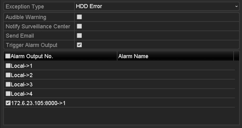 11.8 Configuring HDD Error Alarms Purpose: You can configure the HDD error alarms when the HDD status is Uninitialized or Abnormal. 1. Enter the Exception interface.