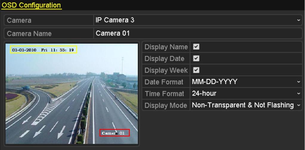 12.1 Configuring OSD Settings Purpose: You can configure the OSD (On-screen Display) settings for the camera, including date /time, camera name, etc. 1. Enter the OSD Configuration interface.