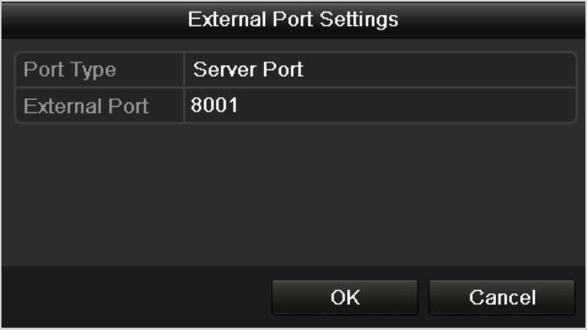 1) Select Manual in the drop-down list of Mapping Type. 2) Click to activate the External Port Settings dialog box. Configure the external port No.