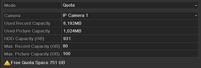 13.5 Configuring Quota Mode Purpose: Each camera can be configured with allocated quota for the storage of recorded files or captured pictures. 1. Enter the Storage Mode interface.