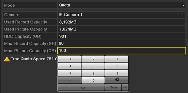Select a camera for which you want to configure quota. 4. Enter the storage capacity in the text fields of Max. Record Capacity (GB) and Max. Picture Capacity (GB), as shown in Figure 13. 19.