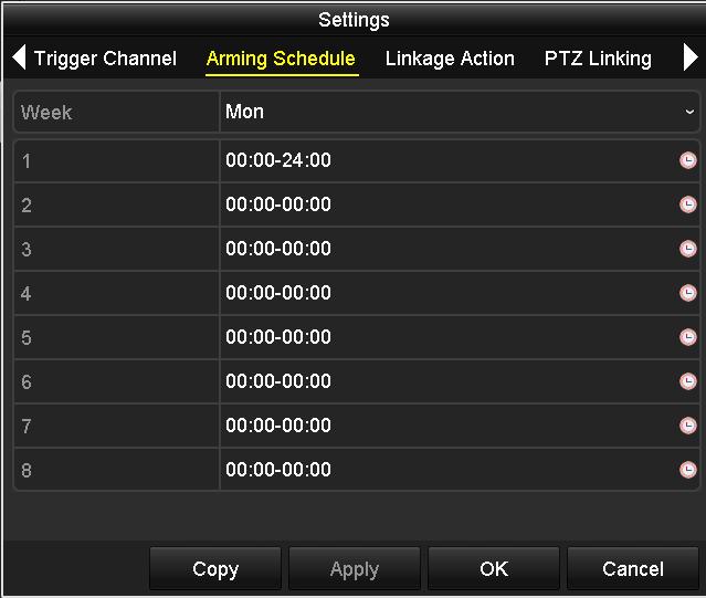 Figure 8. 5 Set Arming Schedule of Alarm Input Choose one day of a week and Max. eight time periods can be set within each day, and click Apply to save the settings.