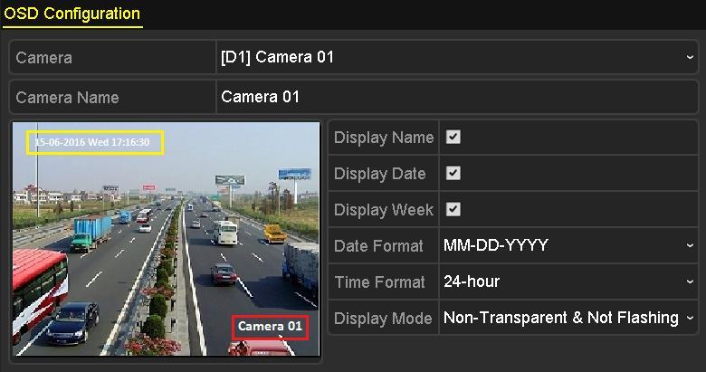 14.1 Configuring OSD Settings Purpose: You can configure the OSD (On-screen Display) settings for the camera, including date /time, camera name, etc. 1. Enter the OSD Configuration interface.