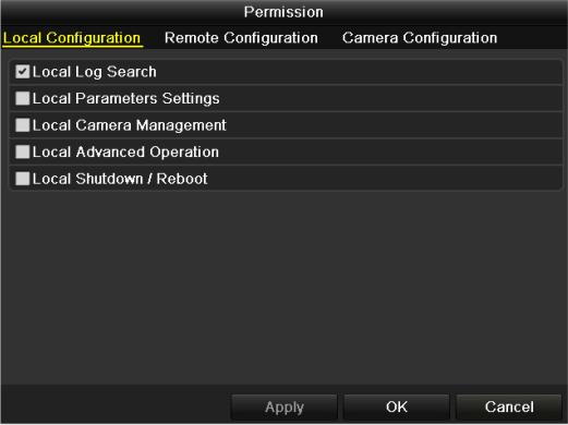 Figure 16. 7 User Permission Settings Interface 6. Set the operating permission of Local Configuration, Remote Configuration and Camera Configuration for the user.