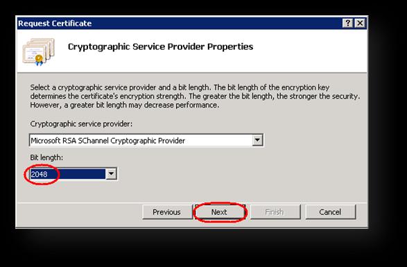 Step 7 Next, you are asked to choose cryptography options. Leave the default setting of Microsoft RSA SChannel Cryptographic Provider, but change the Bit length to 2048.