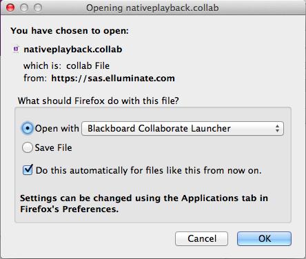 2. Your.collab file (either play.collab or nativeplayback.collab) is downloaded. Your next step depends on which browser you are using: Firefox asks you what to do with the.collab file. Select Open with and then Blackboard Collaborate Launcher from the drop-down menu.