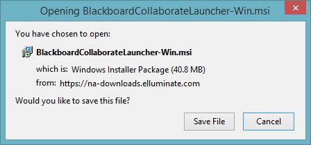 2. Run the Blackboard Collaborate Setup Wizard: Firefox prompts you to save the Windows installer BlackboardCollaborateLauncher-Win.msi. Save the file.