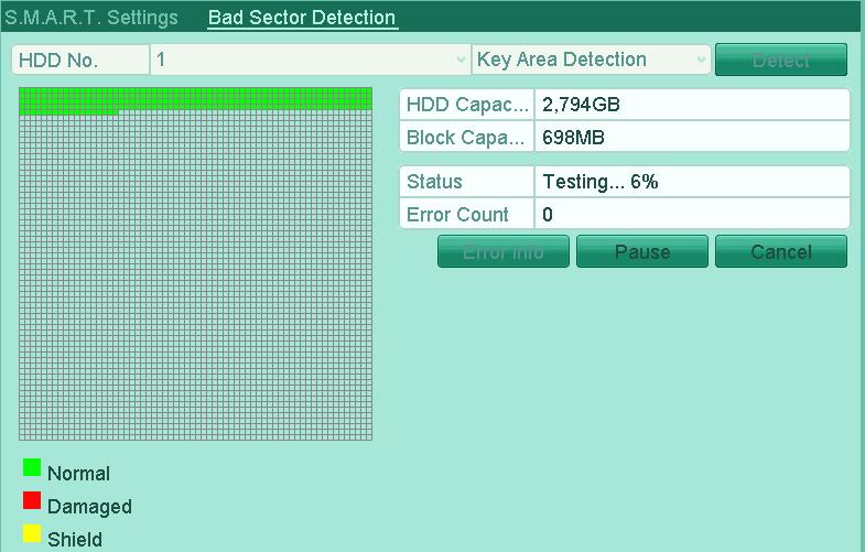 10.8 Detecting Bad Sector Purpose: You can detect the bad sector of the HDD to check the status of the HDD. 1. Enter the HDD Detect interface. Menu > HDD > HDD Detect 2.