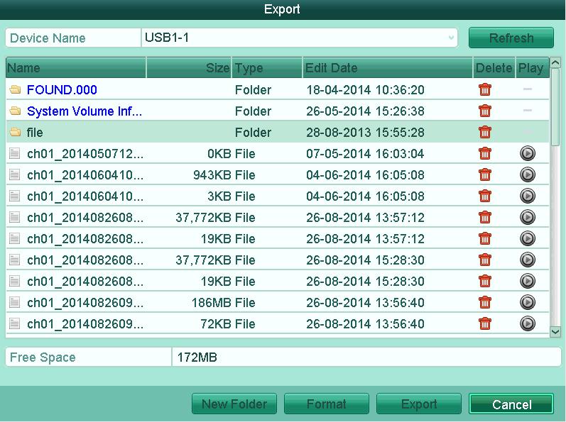 Figure 12. 5 Export Log Files 7. Select the backup device from the dropdown list of Device Name. 8. Click the Export to export the log files to the selected backup device.