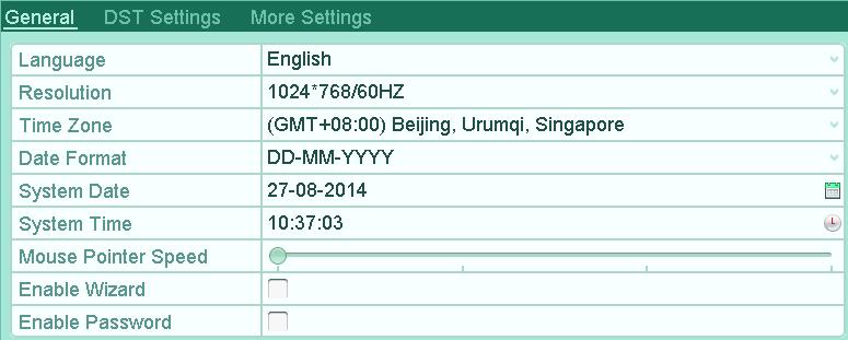 13.2 Configuring General Settings Purpose: You can configure the output resolution, system time, mouse pointer speed, etc. 1. Enter the General Settings interface. Menu > Configuration > General 2.