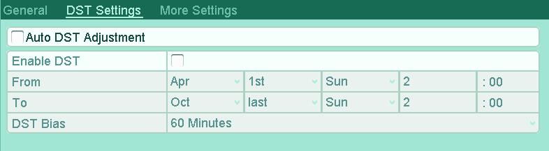 13.3 Configuring DST Settings 1. Enter the General Settings interface. Menu >Configuration>General 2. Click DST Settings tab. Figure 13.