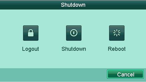 13.6 Logging out/shutting down/rebooting Device 1. Enter the Shutdown interface. Menu > Shutdown Figure 13. 12 Shutdown Menu 2. Click the Logout button to log out.