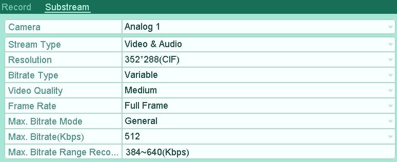 Figure 5. 4 Sub-stream Encoding 2) Select a camera in the camera dropdown list. 3) Configure the parameters.