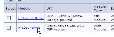 9. In the list of modules click the link for the HitCountWeb module. 10. On the right side, click the link for View Deployment Descriptor. 11.