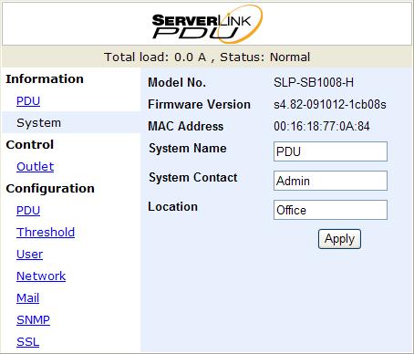 Information: System Displays PDU system information, including: Model