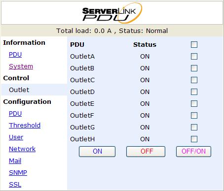 Control: Outlet Displays PDU outlet on/off status Select the outlet by checking the box and then click ON, OFF or OFF/ON button to control the output power for PDU