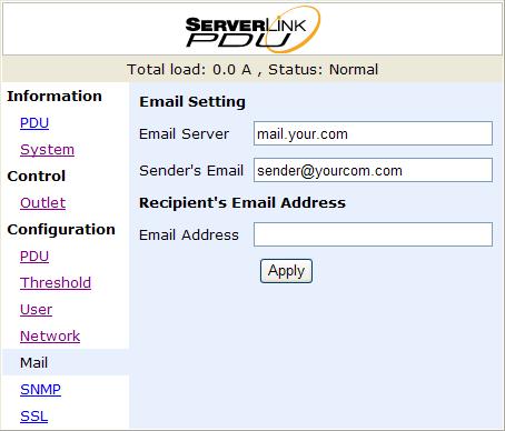 Configuration: Mail When an event occurs, the PDU can send an email message to a specified email address Email Server: This setting must be a local or public fully qualified domain name. Eg.