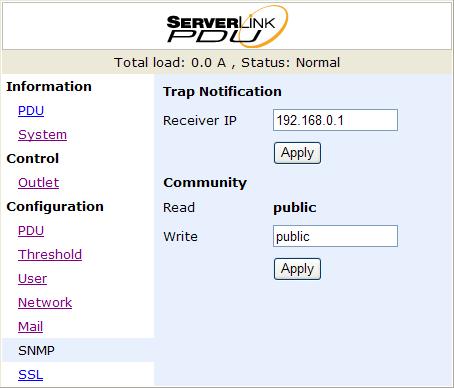 Configuration: SNMP When an event occurs, the PDU can send out a trap message to a specified IP address Trap Notification: Set receiver IP