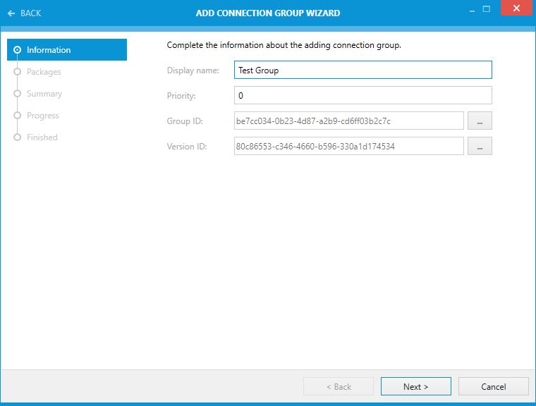 Adding a New Connection Group New connection groups can be added using the ADD CONNECTION GROUP WIZARD. The ADD CONNECTION GROUP WIZARD consists of five different sections.