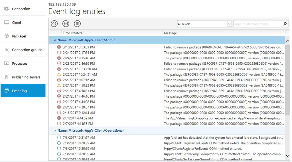 Event Log In the Event Log tab, events from the event logs and the event tracing log files on remote computers