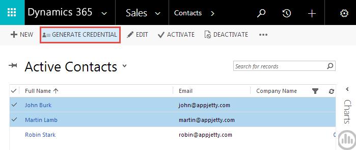 To mass generate portal credentials for CRM contacts, navigate to Contacts module and select the contact records for which you want to generate credentials.