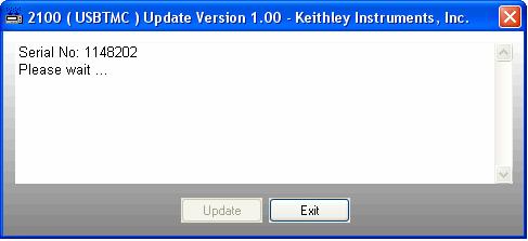 The 2100 (USBTMC) Update Version window will display a "Please wait" message while the file is executing, as shown in Figure
