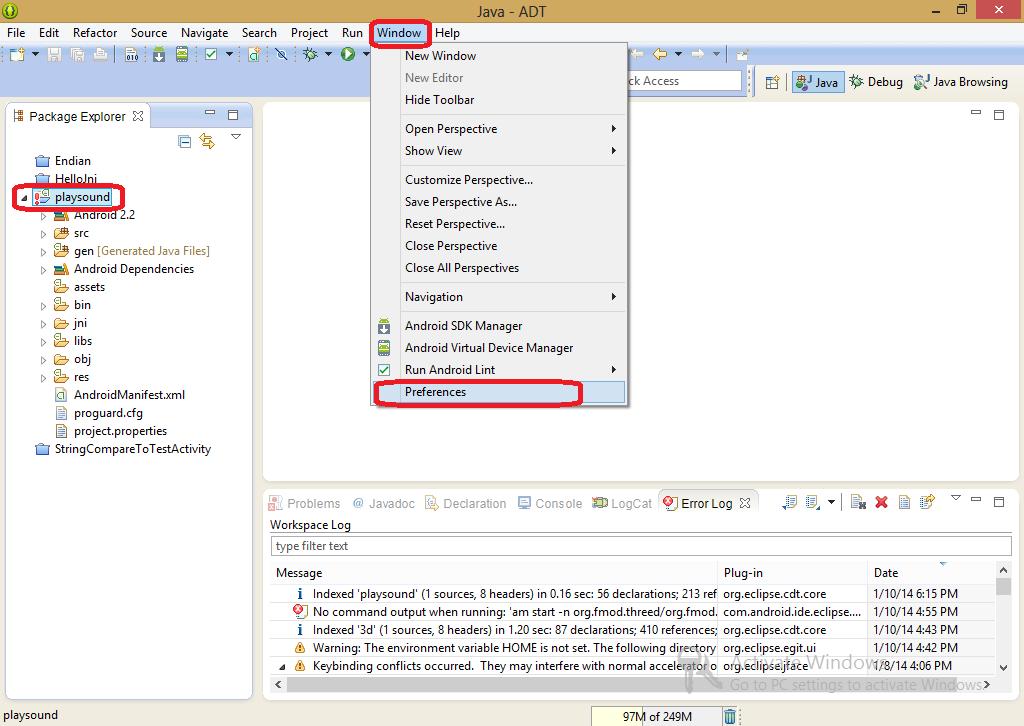 d) You will notice a red exclamation sign on the imported project in the package explorer tab as shown below: