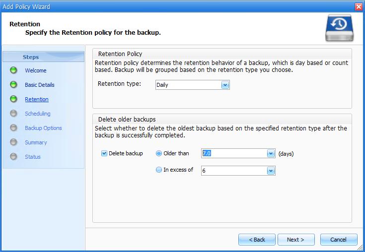 14. On the Retention page, enter the following configuration settings, and then click Next. Retention type: Daily Delete backup older than 7 days 15.
