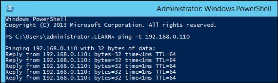 Open a Windows PowerShell window and start a continuous ping to the CentOS6.7_V1 VM by typing ping t 192.168.0.110. 9.