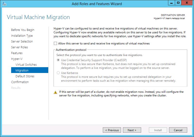 15. You should not select Live Migration now, so click Next. 16. The server becomes part of a Windows failover cluster. You will configure live migration when you create the cluster. 17.