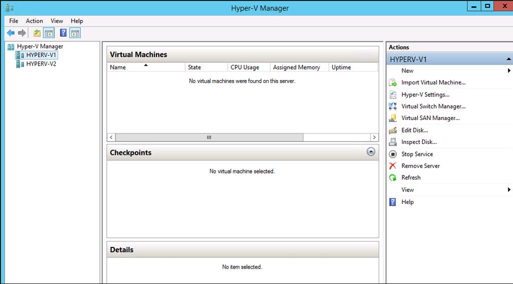 25. Verify that your Hyper-V Manager window looks similar to this example. 26. Optional: You can complete this step on the HyperV-V2 server also, so that both interfaces look the same. 27.