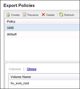 11. Create a rule for the SMB export policy: cluster1::> vserver export-policy rule create vserver hv_svm policyname SMB ruleindex 1 protocol cifs clientmatch <IP_address_of_HyperV-V1_Server> -rorule