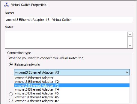 5. In the Virtual Switch Properties pane, configure the virtual switch to use Ethernet Adapter #3, change the name of the virtual