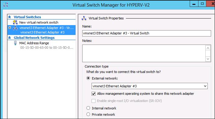 In the Virtual Switch Manager for HyperV-V1 window, click OK. 8. Check the virtual switch configuration of the HyperV-V2 server.