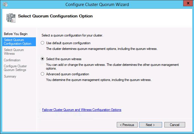 On the next page, select the Select the quorum witness option and click Next.